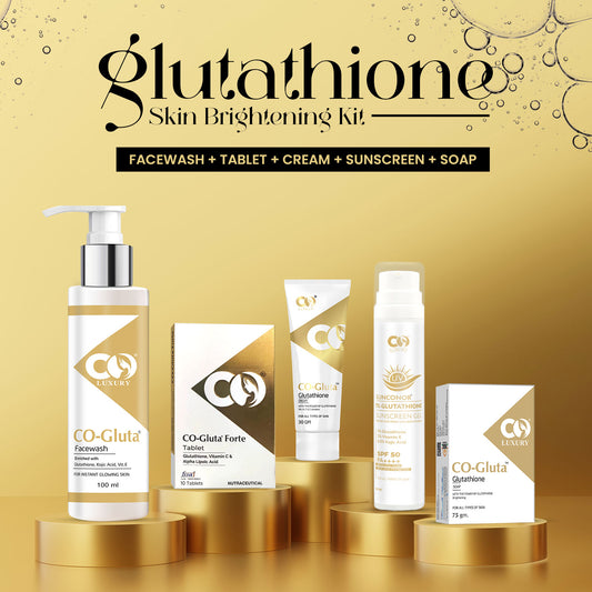 Co Luxury Glutathione Skin Brightening Combo Kit | Glutathione Facewash, Tablet, Cream, Sunscreen & Soap |  (5 Items in the set)