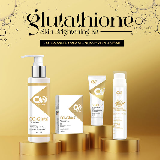 CO Luxury Glutathione Skin Brightening Combo Kit | Glutathione Facewash, Cream, Sunscreen & Soap |4 Items in the set