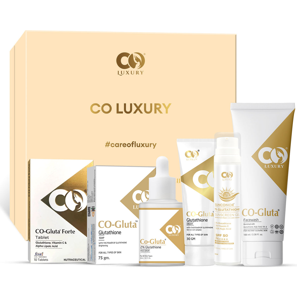 CO Luxury Glutathione 6-in-1 Skin Brightening Kit | Facewash, Serum, Sunscreen, Tablets, Soap & Cream