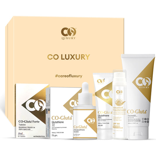 CO Luxury Glutathione 6-in-1 Skin Brightening Kit | Facewash, Serum, Sunscreen, Tablets, Soap & Cream