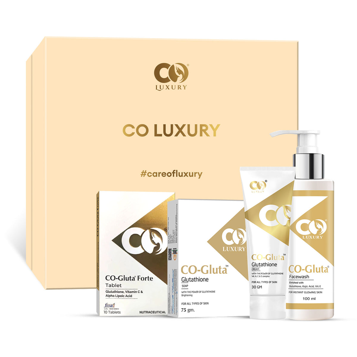 Co Luxury Glutathione Skin Brightening Combo Kit | Glutathione Facewash, Tablet, Cream & Soap |  (4 Items in the set)